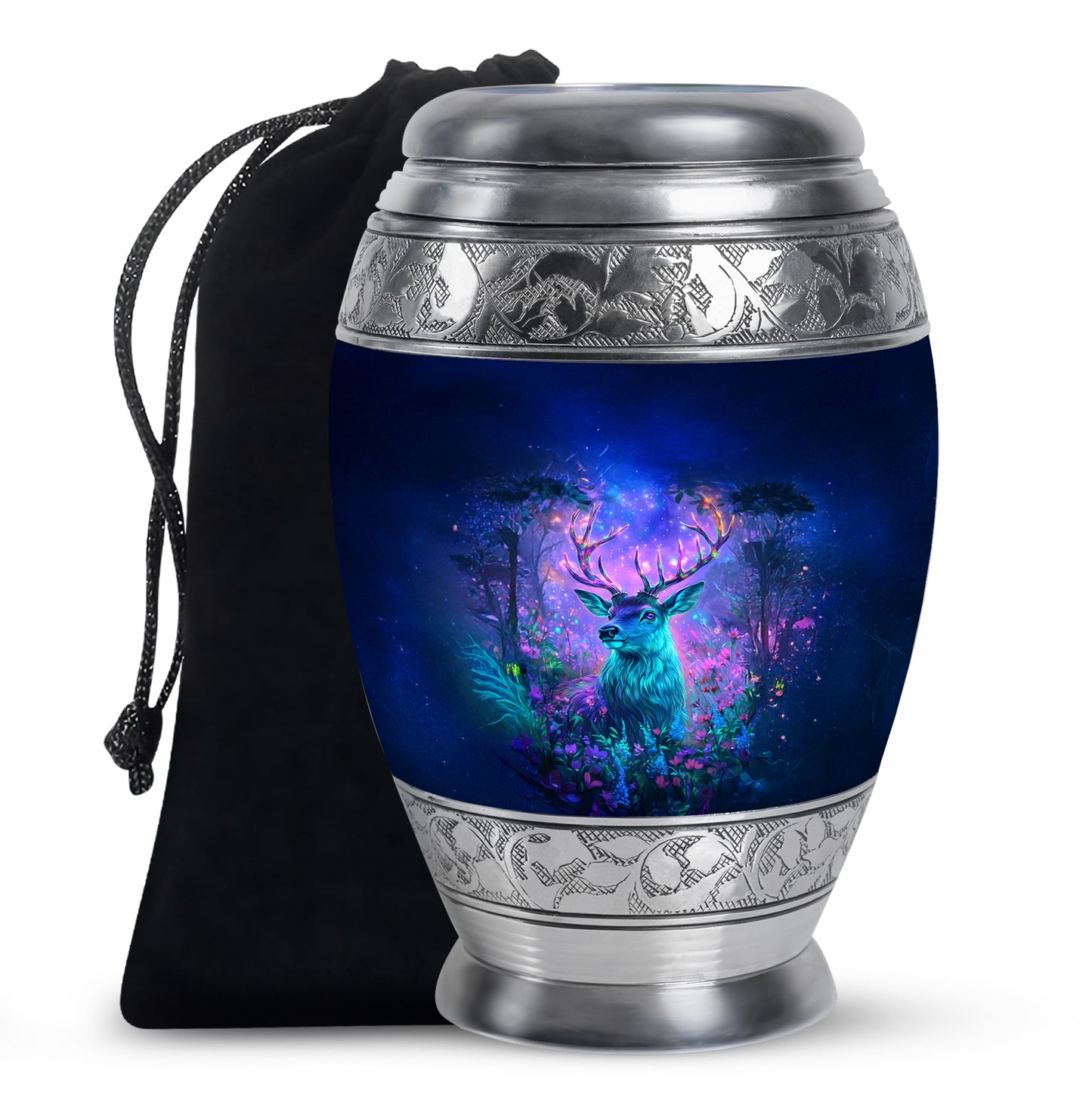 Indigo Deer Cremation Urn back view with polished surface - regal deer design with crown-inspired accents - full-size 10 inch 200 cubic inch adult cremation urn