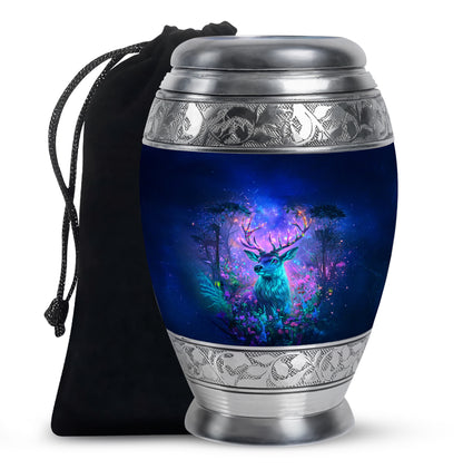 Indigo Deer Cremation Urn back view with polished surface - regal deer design with crown-inspired accents - full-size 10 inch 200 cubic inch adult cremation urn