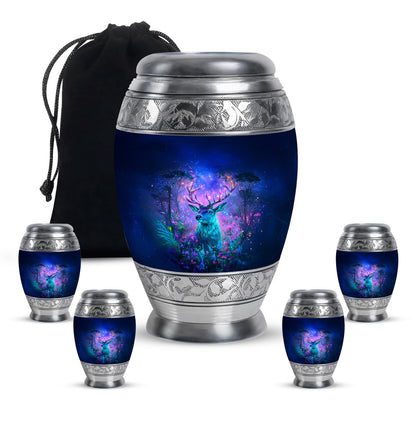 Serene Blue Deer Cremation Urn detail view - royal deer engraving with decorative scrollwork - memorial set with one large and four small urns