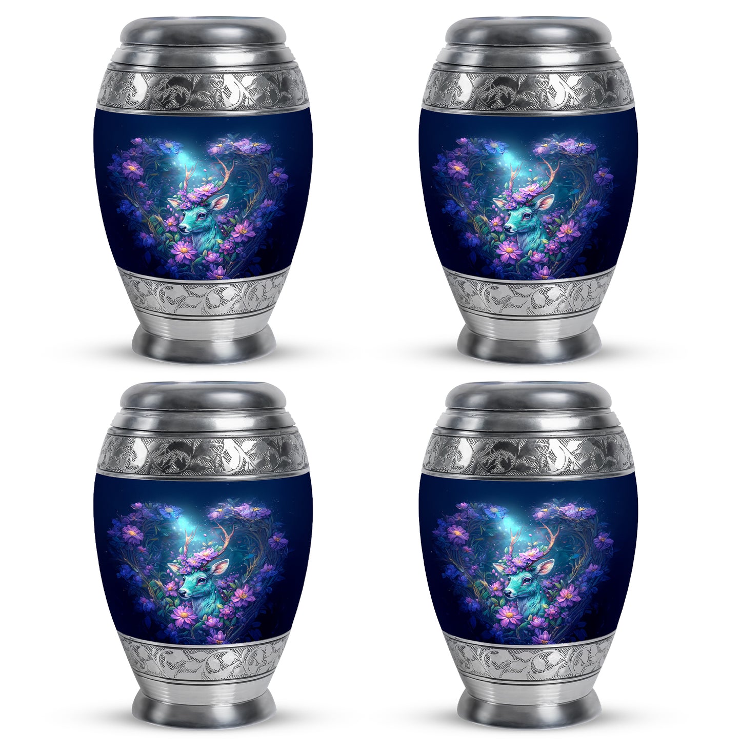 Serene Blue Deer Cremation Urn urn with complimentary velvet bag - royal deer engraving with decorative scrollwork - 10 inch aluminum urn for cremated remains