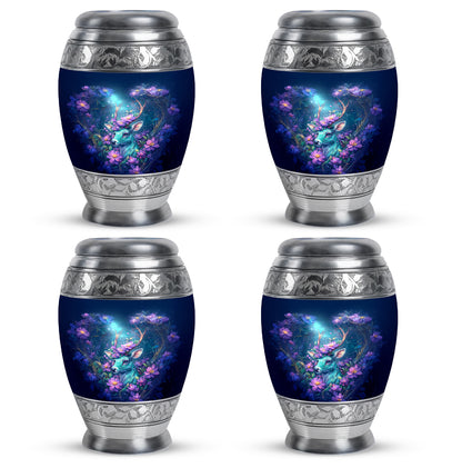 Serene Blue Deer Cremation Urn urn with complimentary velvet bag - royal deer engraving with decorative scrollwork - 10 inch aluminum urn for cremated remains