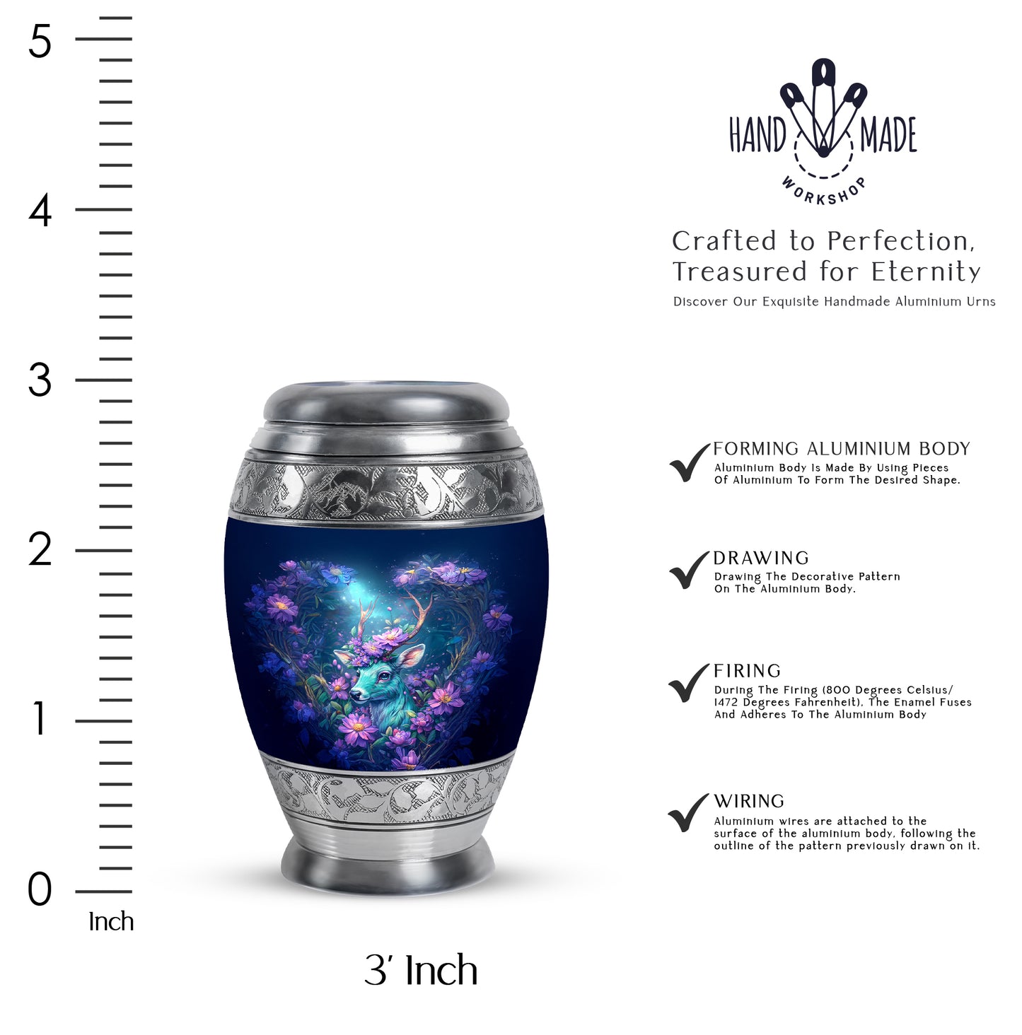 Royal Blue Deer Cremation Urn lifestyle display on memorial shelf - majestic deer pattern with filigree border - mini keepsake memorial for portion of cremation ashes