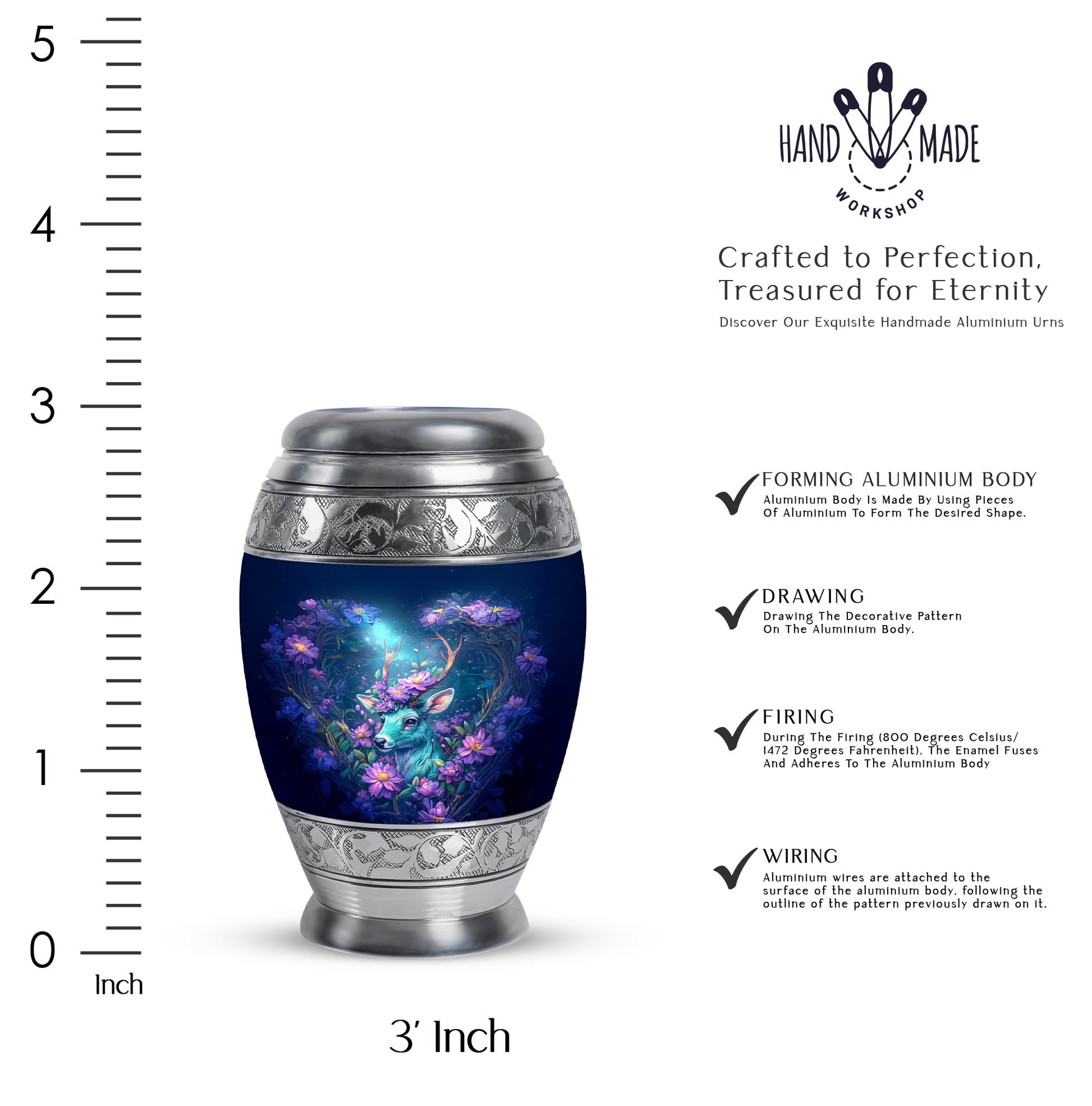 Royal Blue Deer Cremation Urn lifestyle display on memorial shelf - majestic deer pattern with filigree border - mini keepsake memorial for portion of cremation ashes