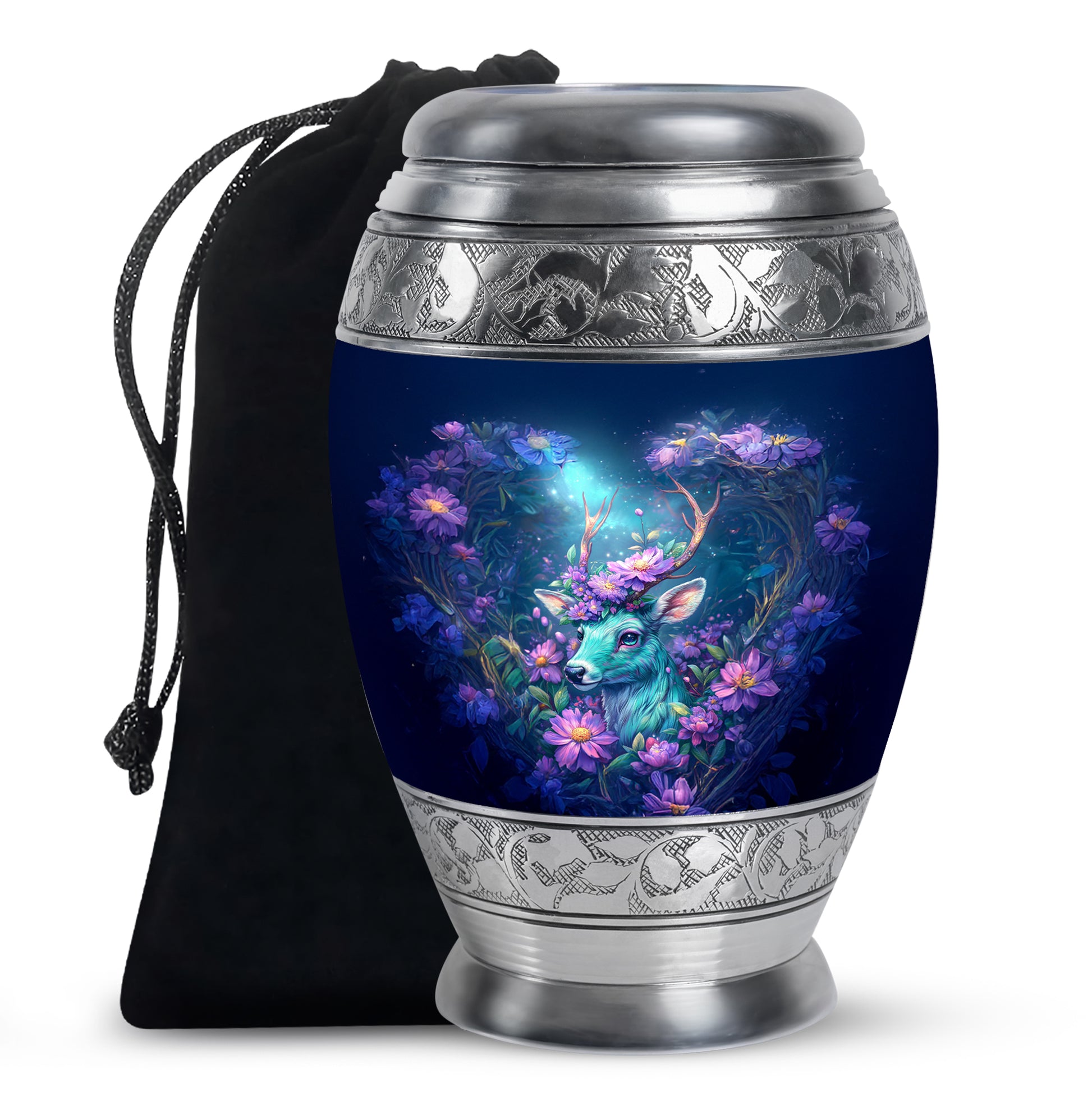 Bright Blue Deer Cremation Urn back view with polished surface - majestic deer pattern with filigree border - full-size 10 inch 200 cubic inch adult cremation urn