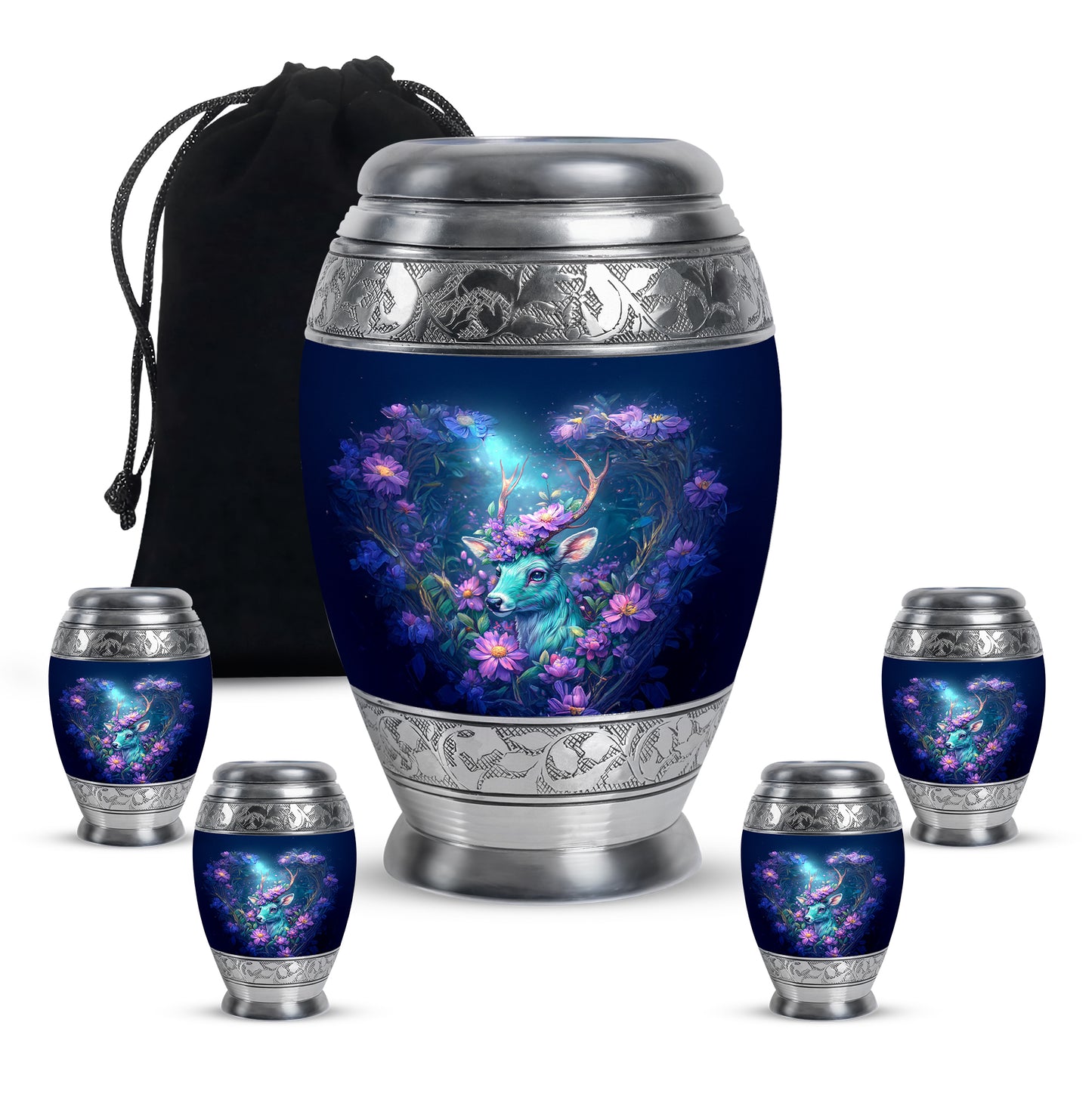 Calming Blue Deer Cremation Urn detail view - royal deer engraving with decorative scrollwork - memorial set with one large and four small urns