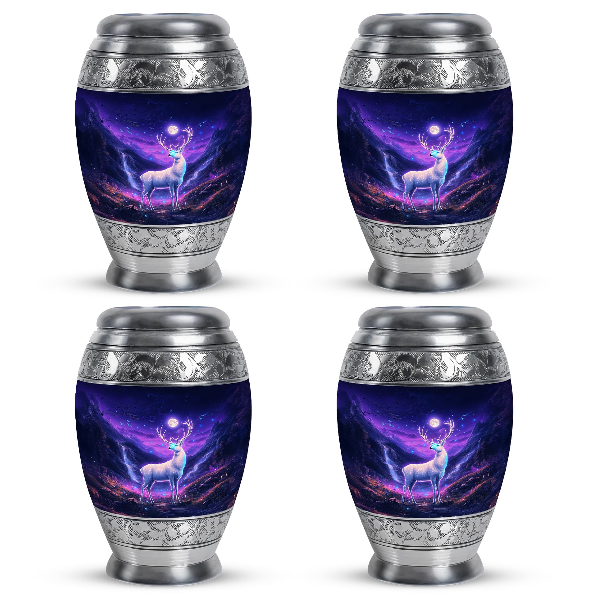 Misty Blue Deer Cremation Urn urn with complimentary velvet bag - regal deer design with crown-inspired accents - 10 inch aluminum urn for cremated remains
