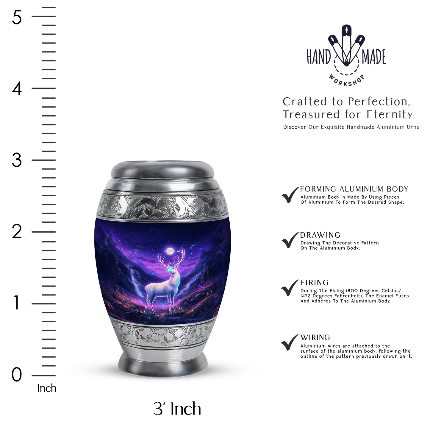 Royal Blue Deer Cremation Urn lifestyle display on memorial shelf - majestic deer pattern with filigree border - mini keepsake memorial for portion of cremation ashes