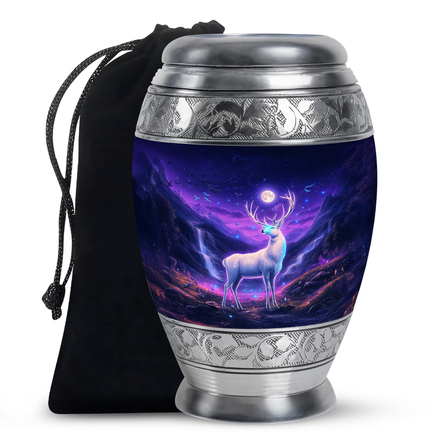 Navy Blue Deer Cremation Urn back view with polished surface - regal deer design with crown-inspired accents - full-size 10 inch 200 cubic inch adult cremation urn