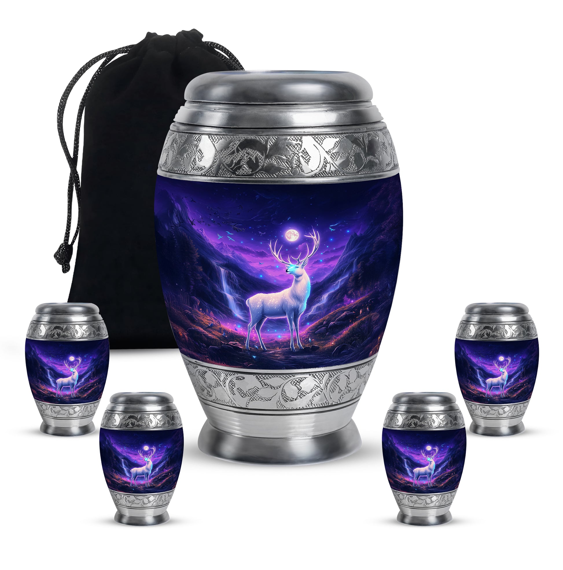 Indigo Deer Cremation Urn detail view - regal deer design with crown-inspired accents - memorial set with one large and four small urns