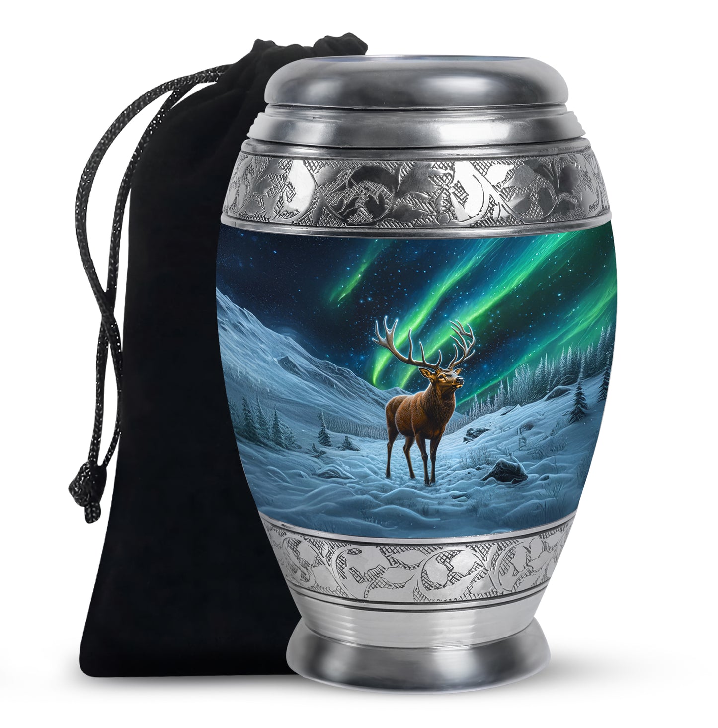 Deep Black Deer Cremation Urn back view with polished surface - regal deer design with crown-inspired accents - full-size 10 inch 200 cubic inch adult cremation urn