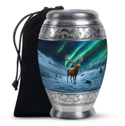 Deep Black Deer Cremation Urn back view with polished surface - regal deer design with crown-inspired accents - full-size 10 inch 200 cubic inch adult cremation urn