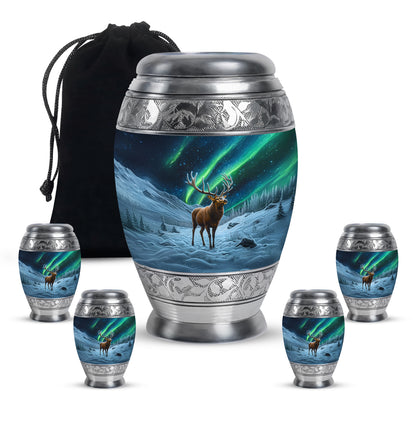 Obsidian Black Deer Cremation Urn detail view - royal deer engraving with decorative scrollwork - memorial set with one large and four small urns