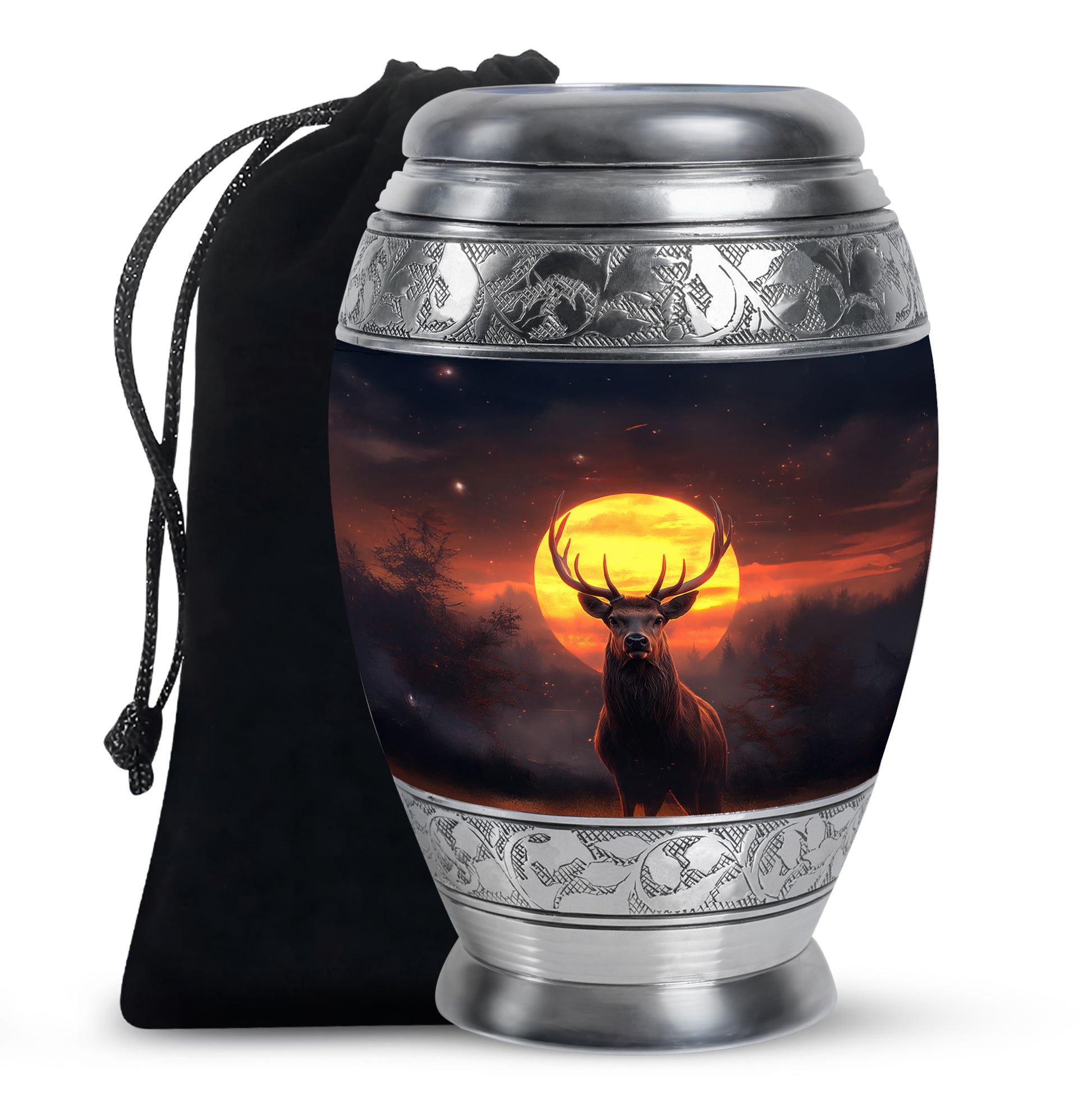 Salmon Pink Deer Cremation Urn back view with polished surface - royal deer engraving with decorative scrollwork - full-size 10 inch 200 cubic inch adult cremation urn