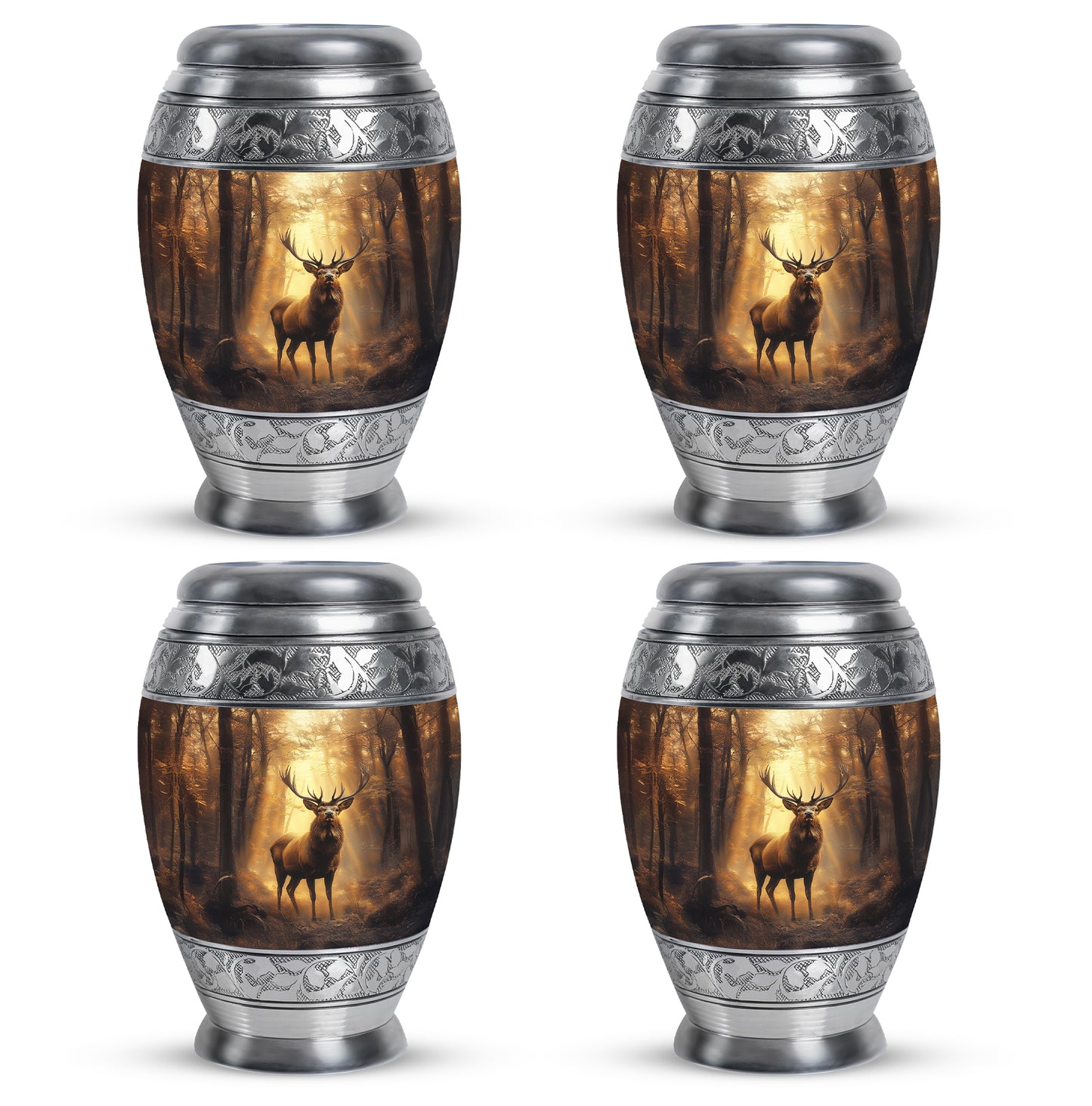 Harvest Gold Deer Cremation Urn urn with complimentary velvet bag - royal deer engraving with decorative scrollwork - 10 inch aluminum urn for cremated remains