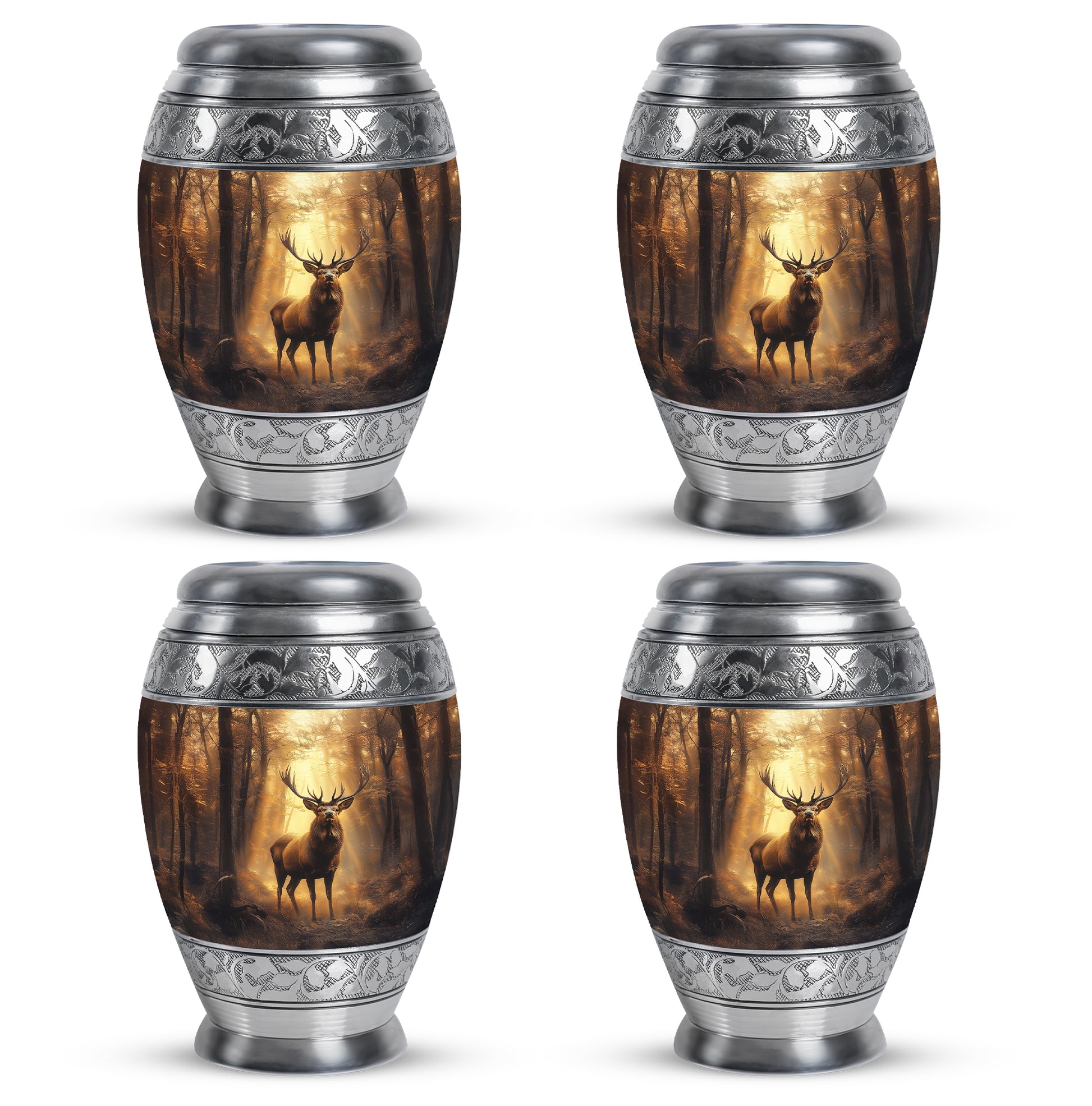 Harvest Gold Deer Cremation Urn urn with complimentary velvet bag - royal deer engraving with decorative scrollwork - 10 inch aluminum urn for cremated remains