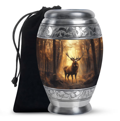 Warm Gold Deer Cremation Urn back view with polished surface - royal deer engraving with decorative scrollwork - full-size 10 inch 200 cubic inch adult cremation urn