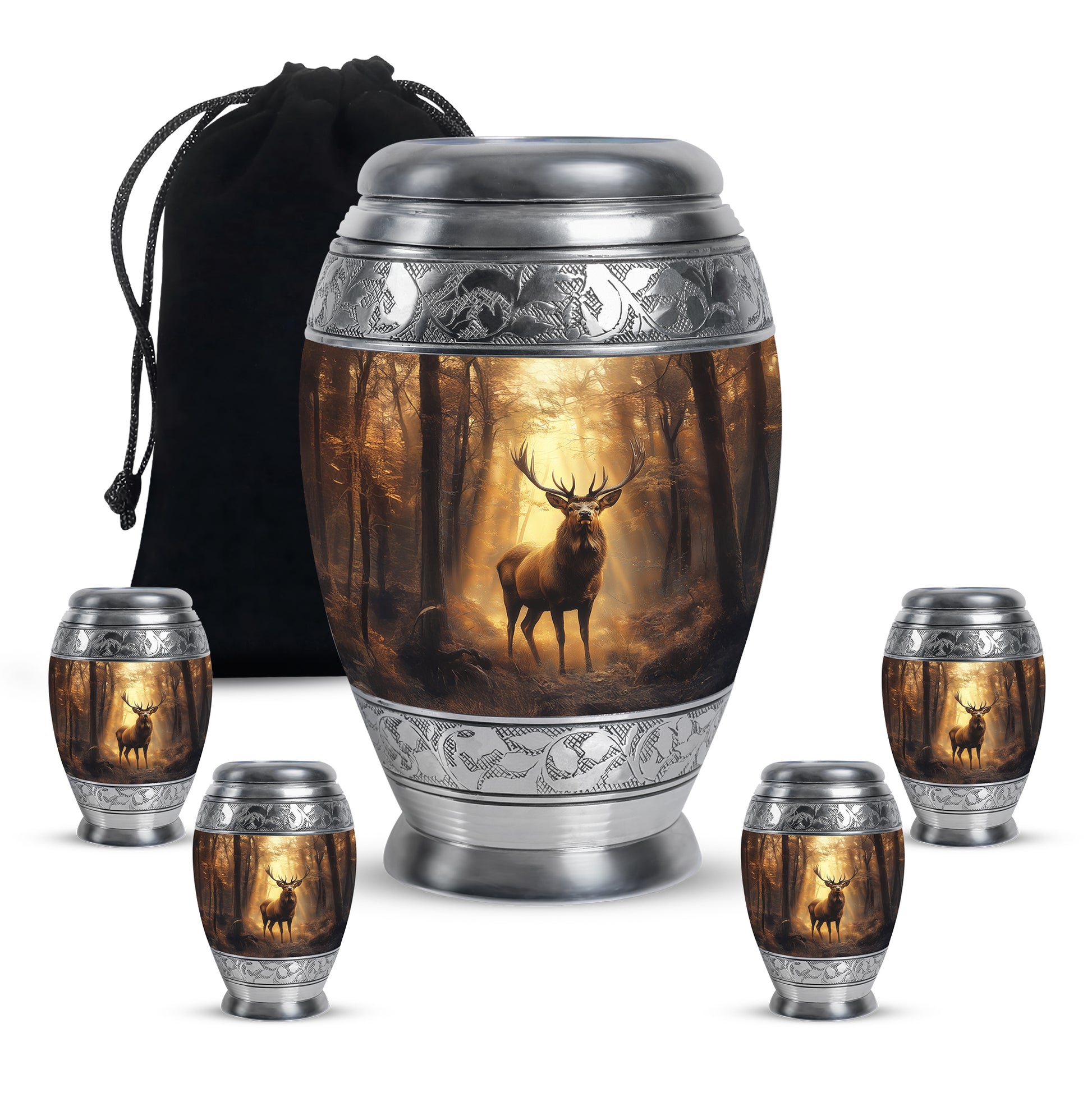 Harvest Gold Deer Cremation Urn detail view - majestic deer pattern with filigree border - memorial set with one large and four small urns