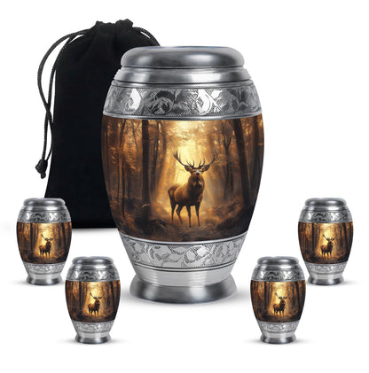 Harvest Gold Deer Cremation Urn detail view - majestic deer pattern with filigree border - memorial set with one large and four small urns