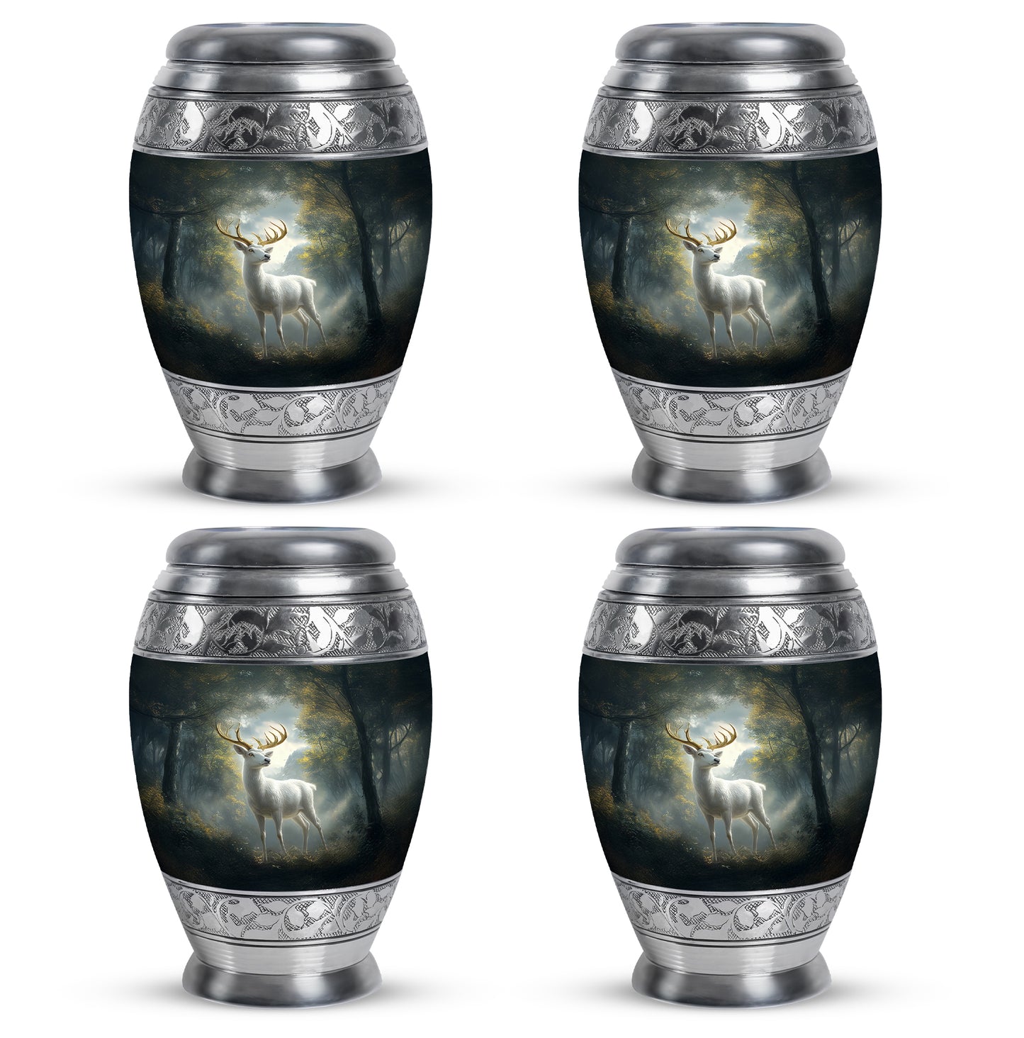 Obsidian Black Deer Cremation Urn urn with complimentary velvet bag - majestic deer pattern with filigree border - 10 inch aluminum urn for cremated remains