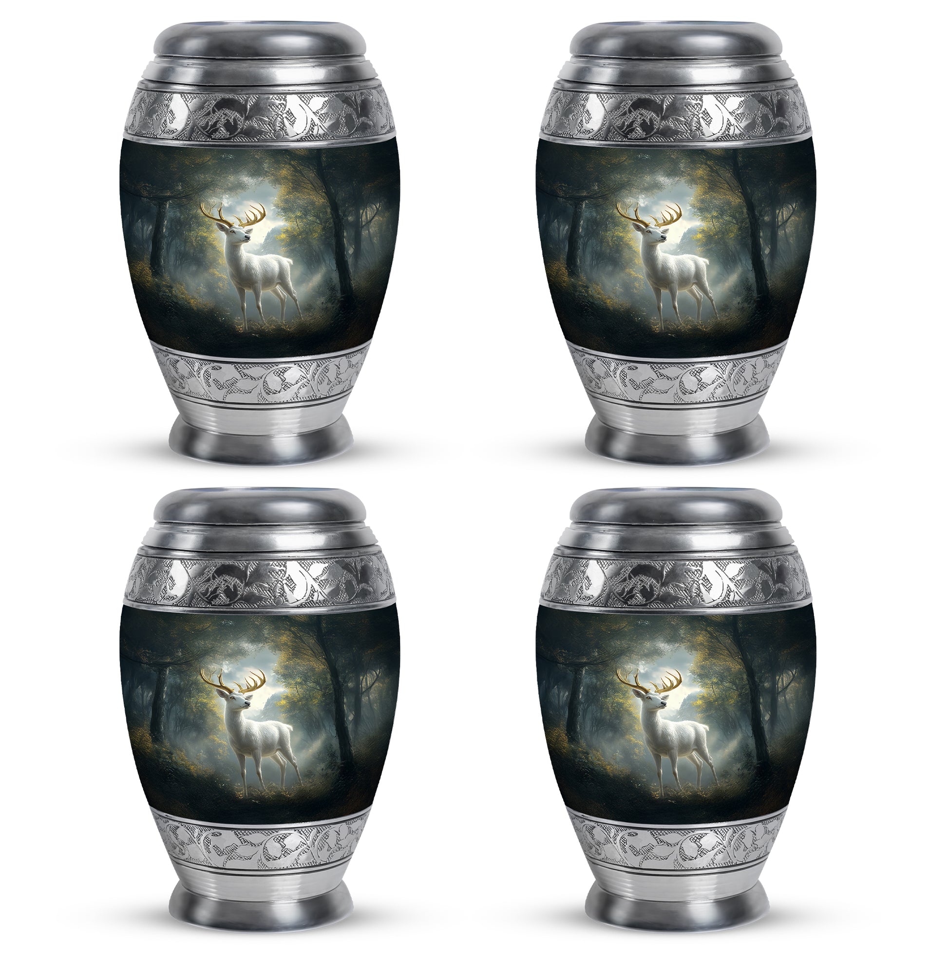 Obsidian Black Deer Cremation Urn urn with complimentary velvet bag - majestic deer pattern with filigree border - 10 inch aluminum urn for cremated remains