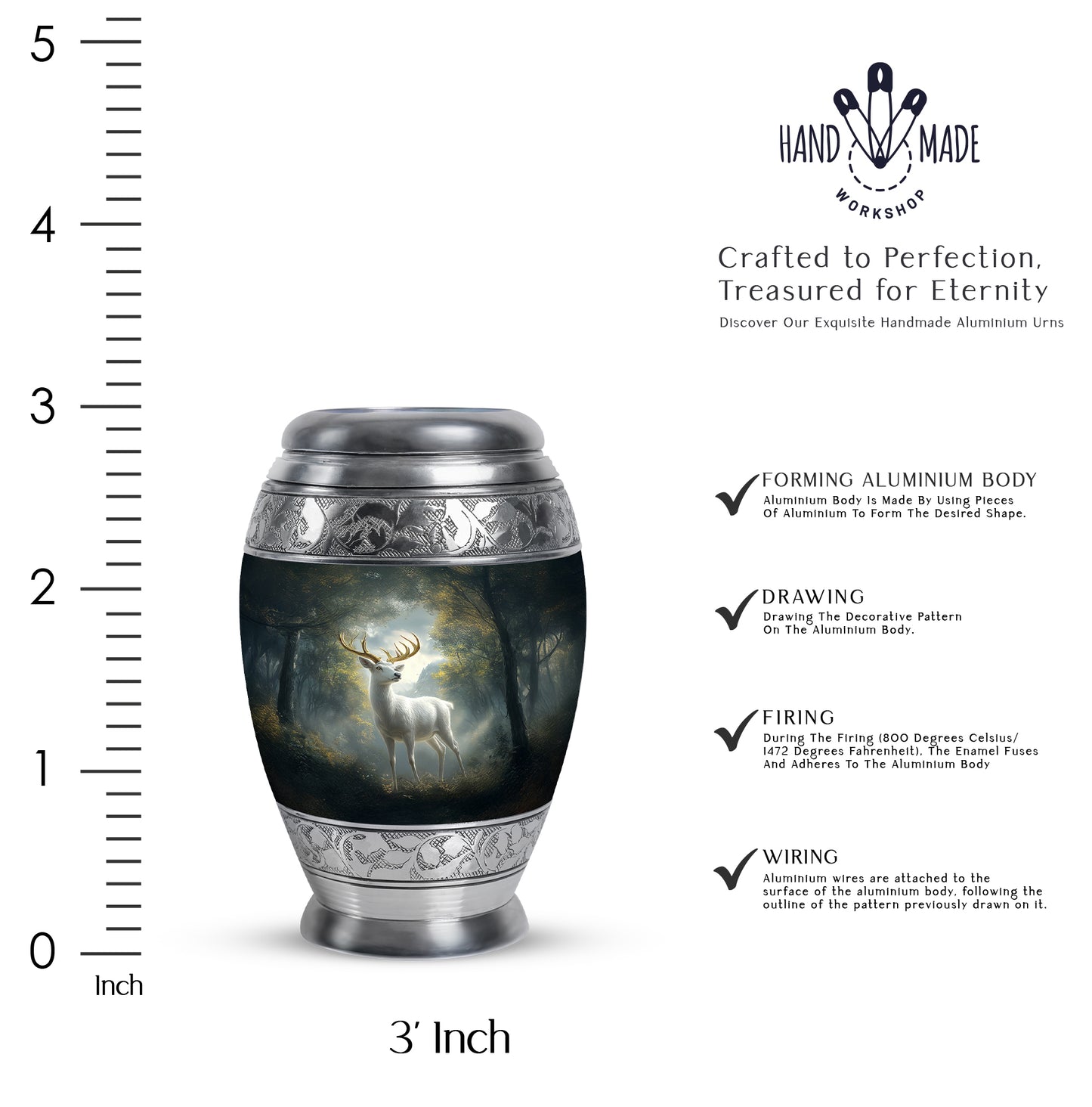 Glossy Black Deer Cremation Urn lifestyle display on memorial shelf - regal deer design with crown-inspired accents - mini keepsake memorial for portion of cremation ashes