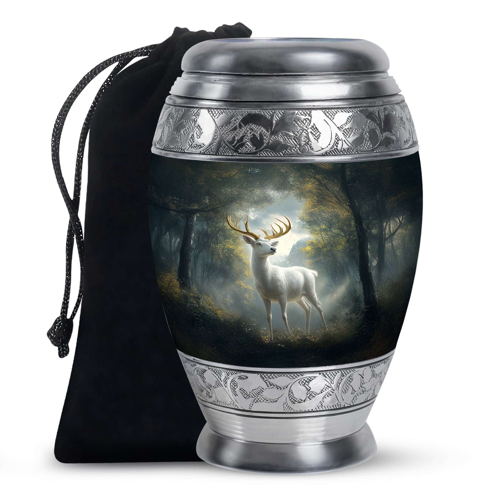Dark Black Deer Cremation Urn back view with polished surface - majestic deer pattern with filigree border - full-size 10 inch 200 cubic inch adult cremation urn
