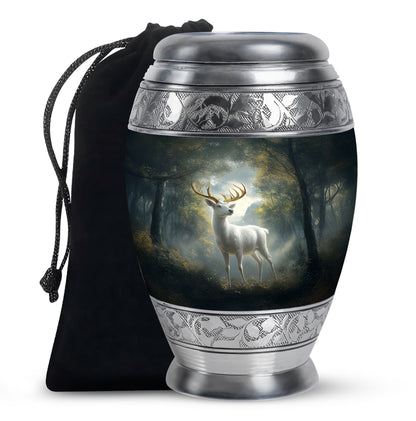 Dark Black Deer Cremation Urn back view with polished surface - majestic deer pattern with filigree border - full-size 10 inch 200 cubic inch adult cremation urn