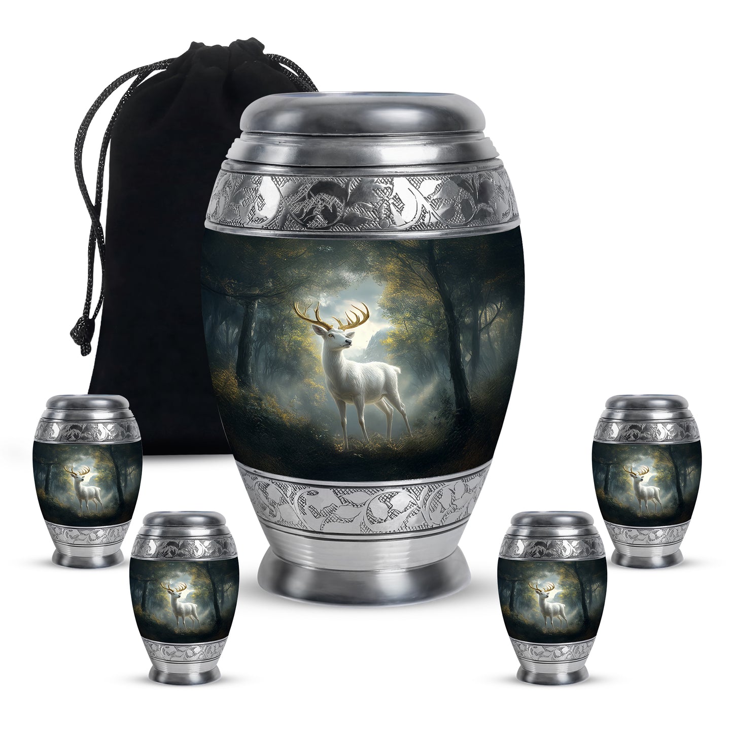 Glossy Black Deer Cremation Urn detail view - regal deer design with crown-inspired accents - memorial set with one large and four small urns