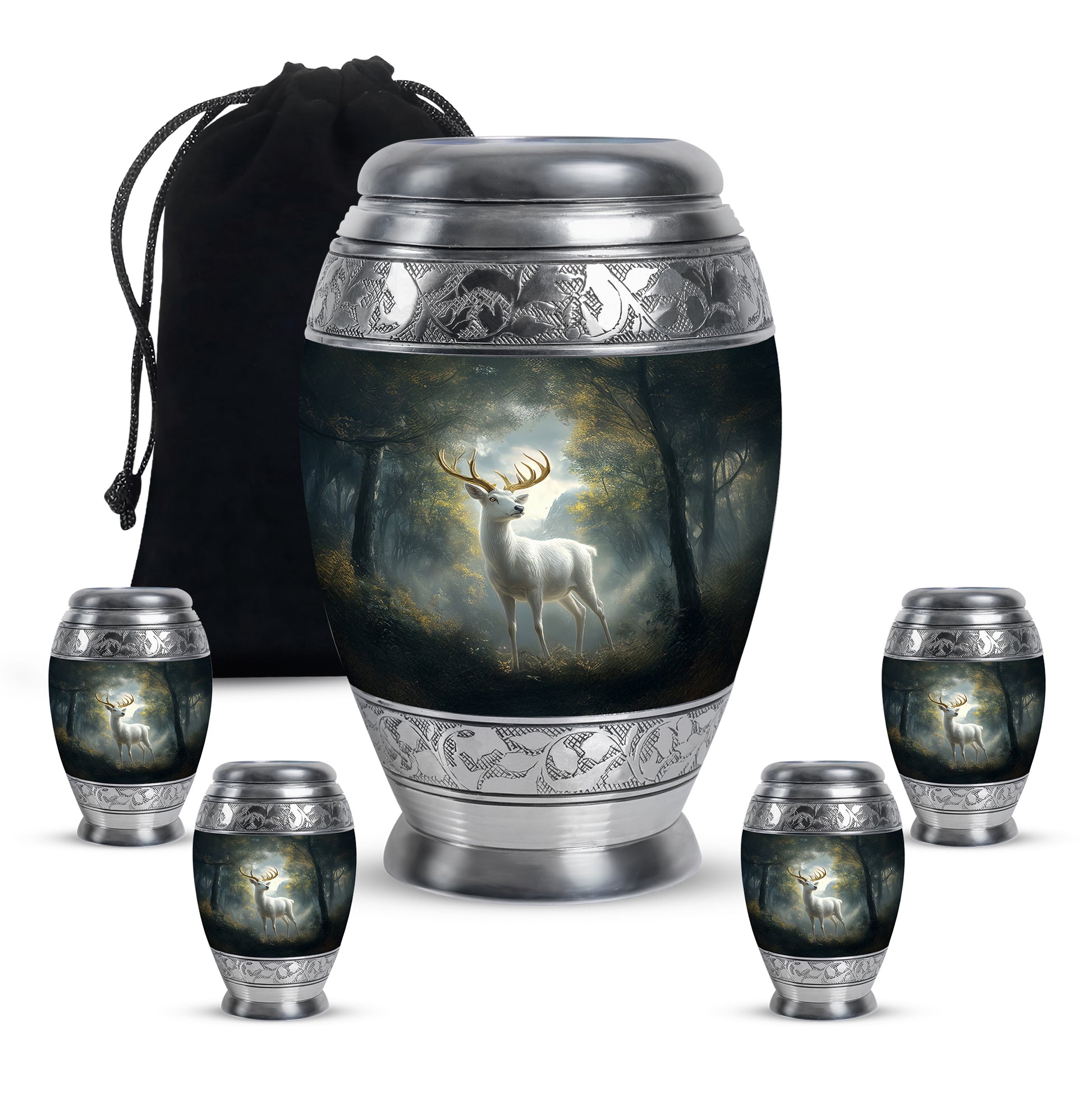 Glossy Black Deer Cremation Urn detail view - regal deer design with crown-inspired accents - memorial set with one large and four small urns
