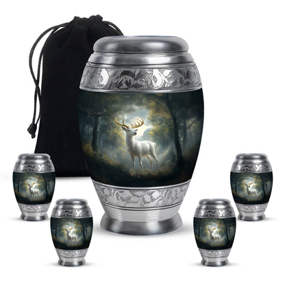 Glossy Black Deer Cremation Urn detail view - regal deer design with crown-inspired accents - memorial set with one large and four small urns
