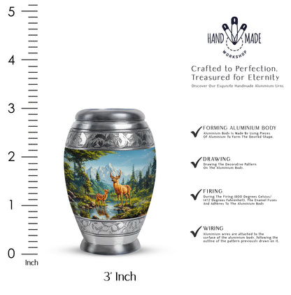 Serene Blue Deer Cremation Urn lifestyle display on memorial shelf - majestic deer pattern with filigree border - mini keepsake memorial for portion of cremation ashes