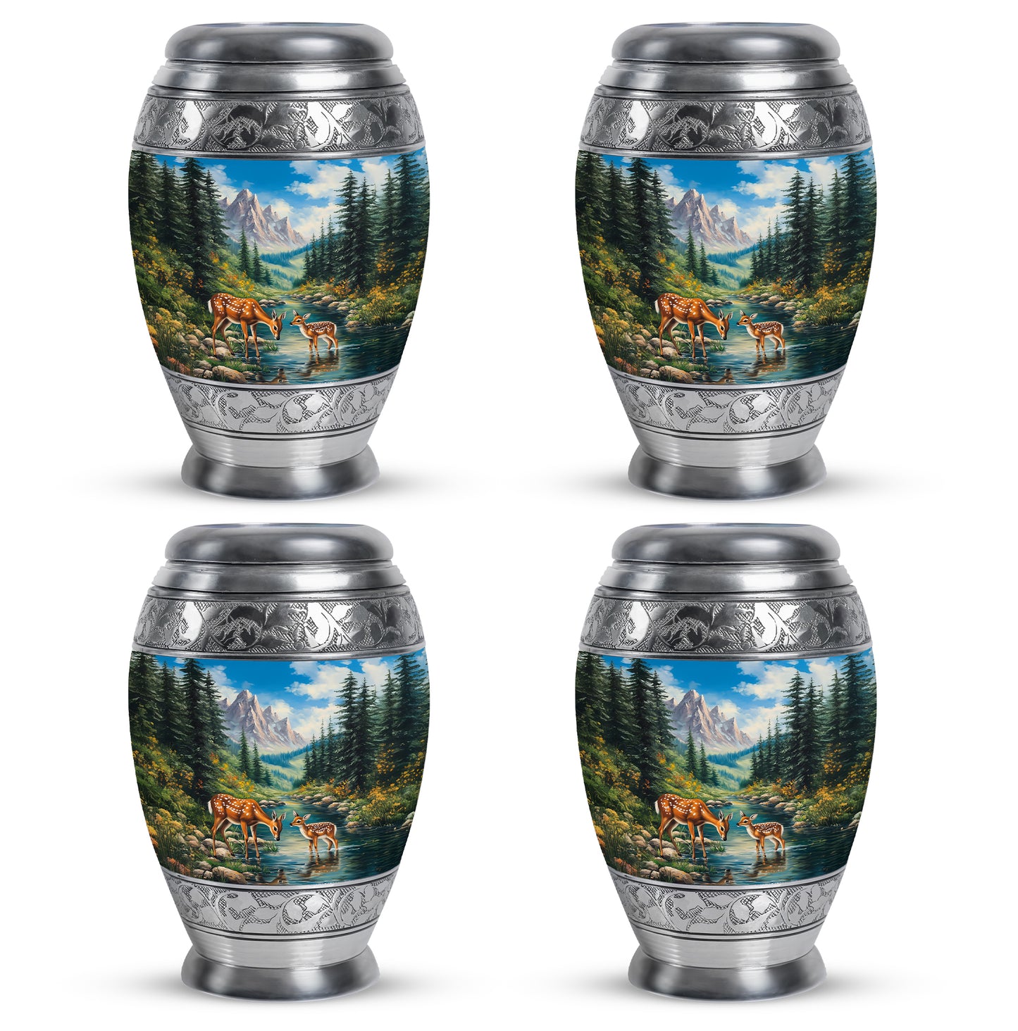Misty Blue Deer Cremation Urn urn with complimentary velvet bag - ornate monarch-style deer relief on brushed aluminum - 10 inch aluminum urn for cremated remains