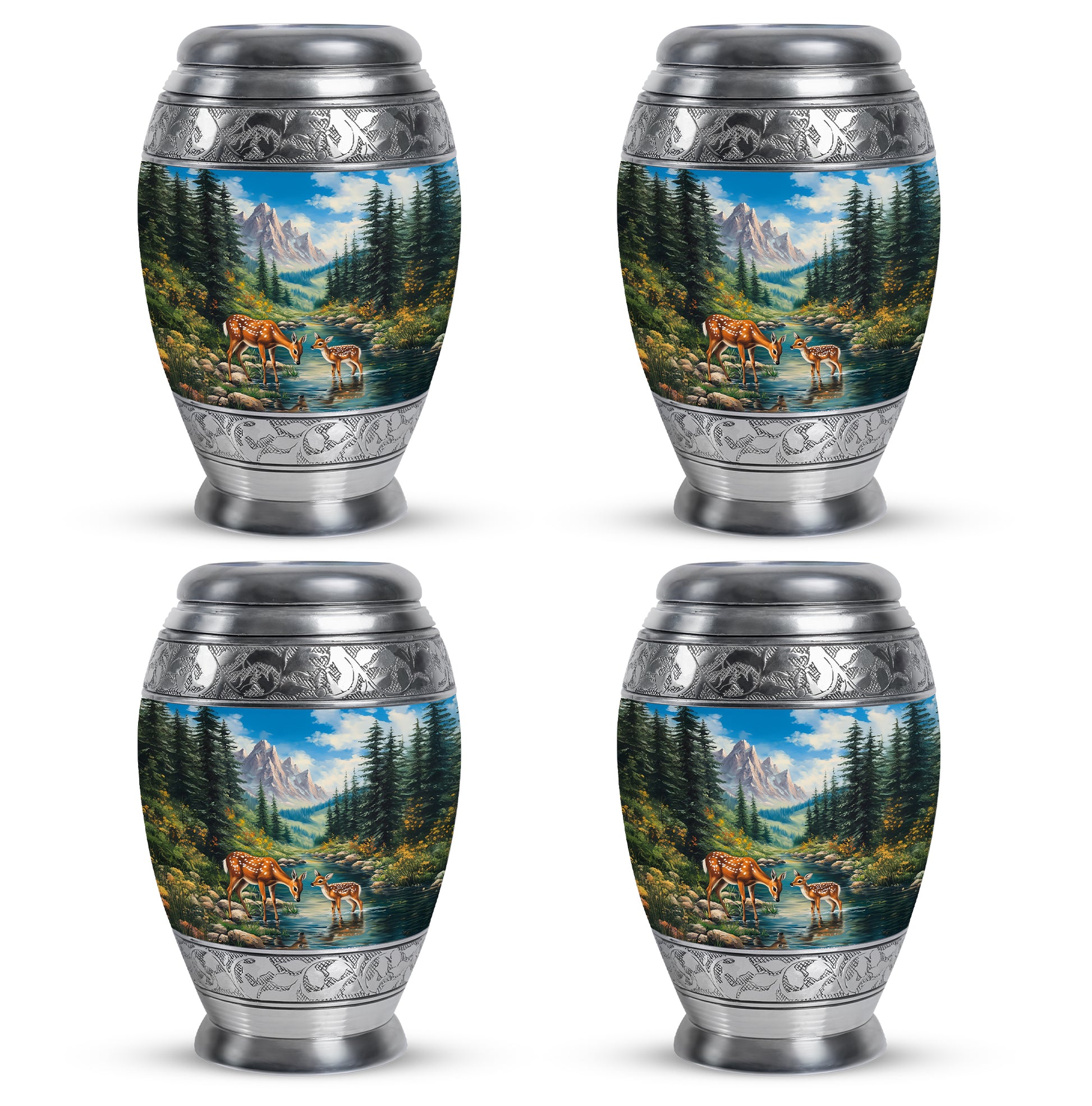 Misty Blue Deer Cremation Urn urn with complimentary velvet bag - ornate monarch-style deer relief on brushed aluminum - 10 inch aluminum urn for cremated remains