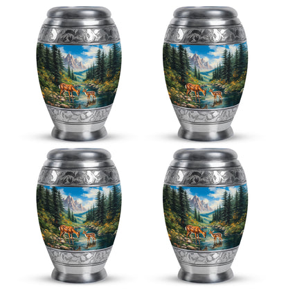 Misty Blue Deer Cremation Urn urn with complimentary velvet bag - ornate monarch-style deer relief on brushed aluminum - 10 inch aluminum urn for cremated remains