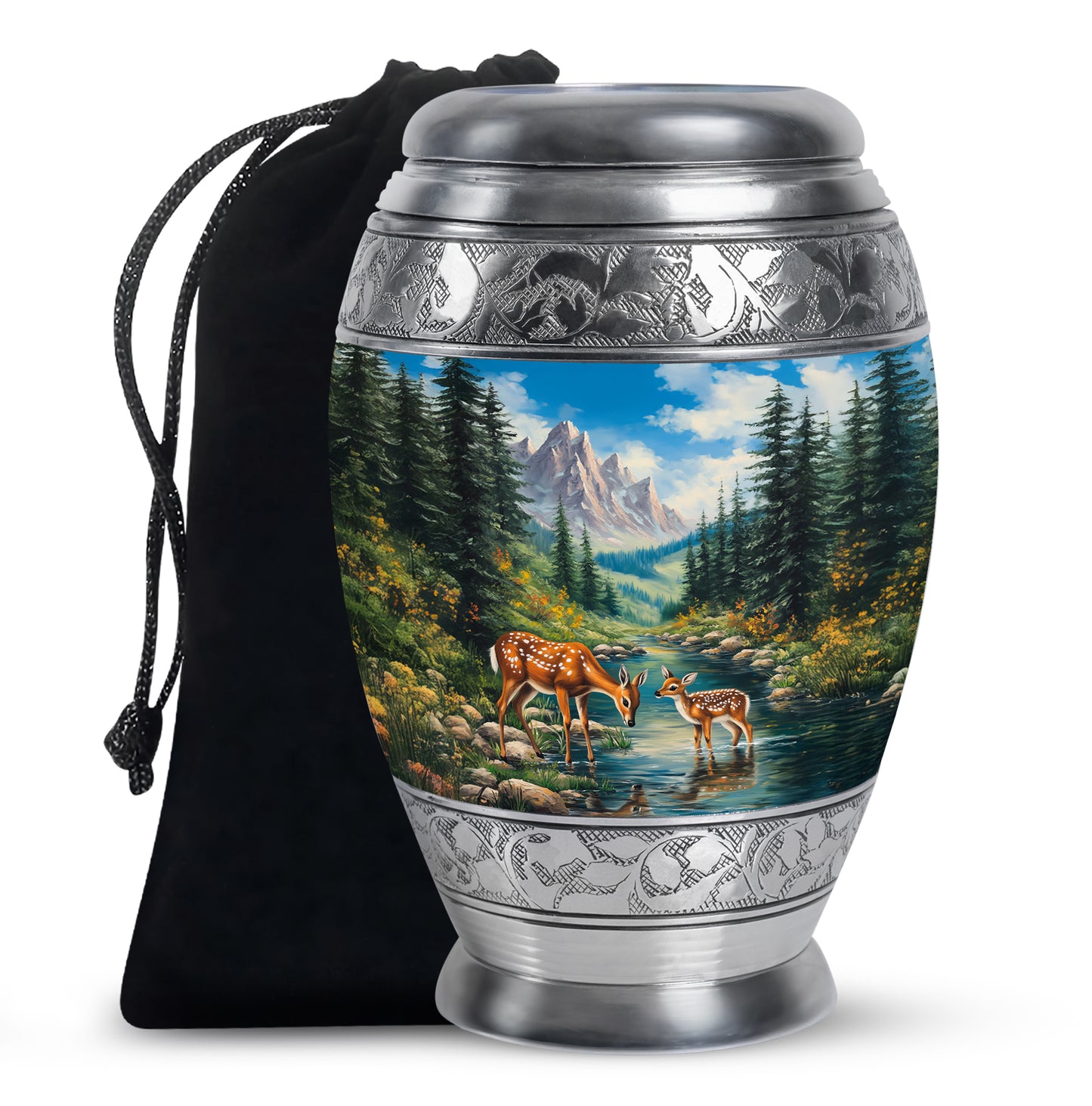 Navy Blue Deer Cremation Urn back view with polished surface - regal deer design with crown-inspired accents - full-size 10 inch 200 cubic inch adult cremation urn