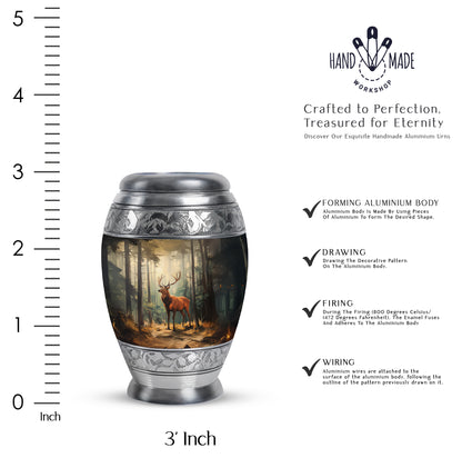 Onyx Black Deer Cremation Urn lifestyle display on memorial shelf - majestic deer pattern with filigree border - mini keepsake memorial for portion of cremation ashes