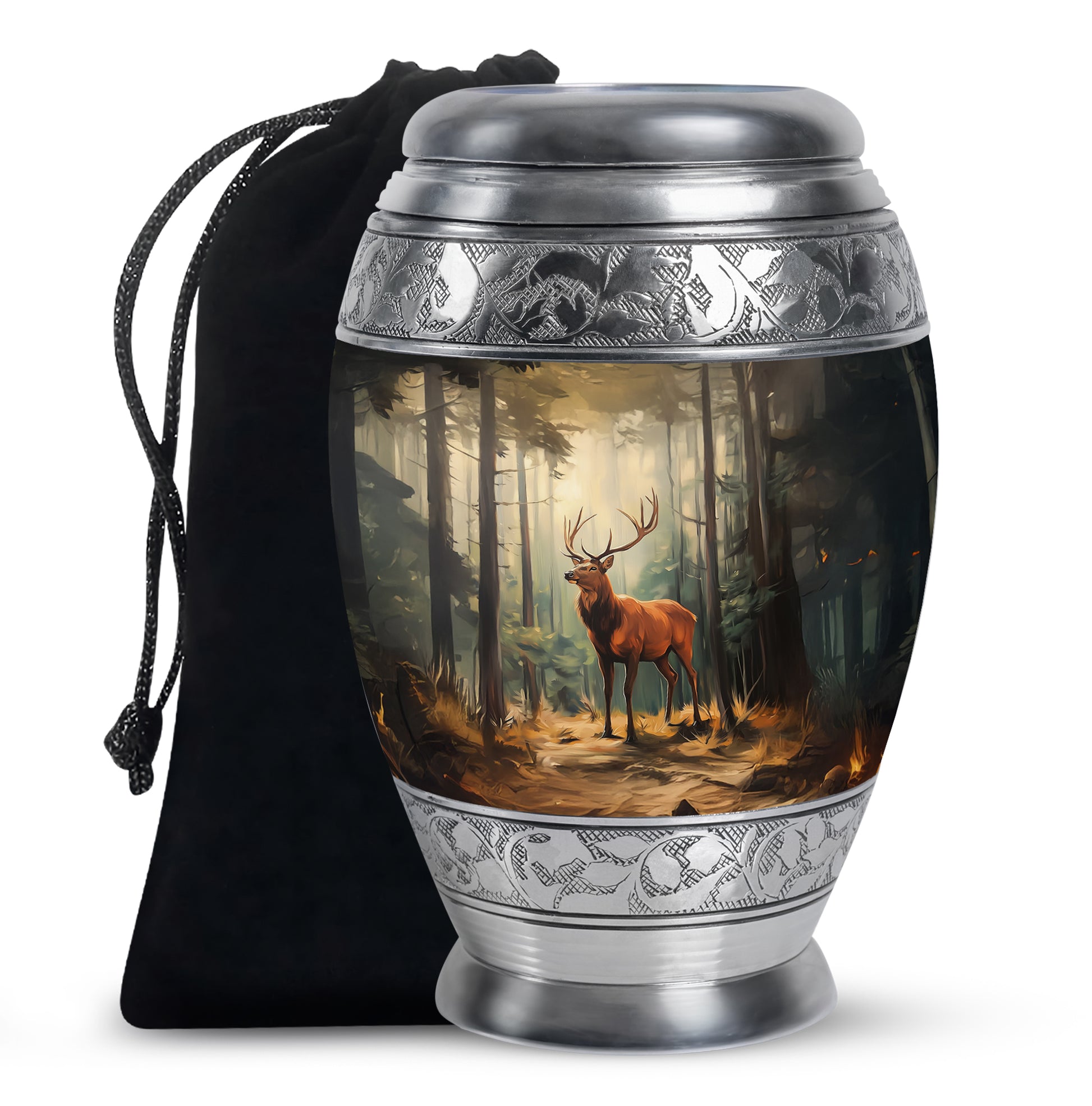 Midnight Black Deer Cremation Urn back view with polished surface - majestic deer pattern with filigree border - full-size 10 inch 200 cubic inch adult cremation urn
