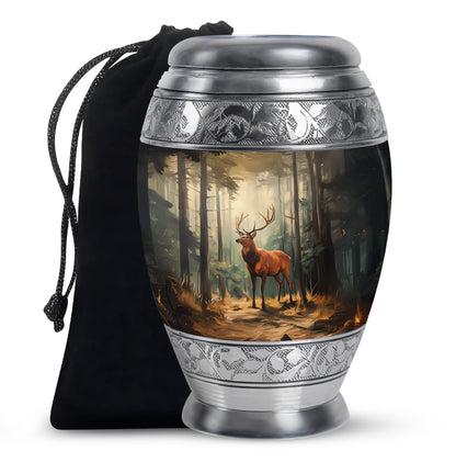 Midnight Black Deer Cremation Urn back view with polished surface - majestic deer pattern with filigree border - full-size 10 inch 200 cubic inch adult cremation urn