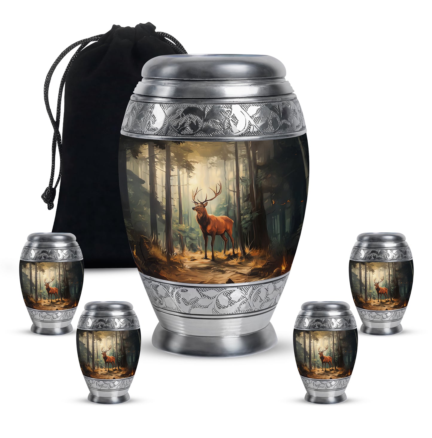Charcoal Black Deer Cremation Urn detail view - majestic deer pattern with filigree border - memorial set with one large and four small urns