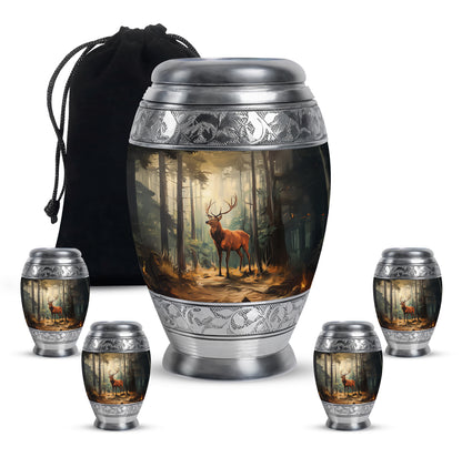 Charcoal Black Deer Cremation Urn detail view - majestic deer pattern with filigree border - memorial set with one large and four small urns