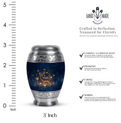Serene Blue Deer Cremation Urn lifestyle display on memorial shelf - majestic deer pattern with filigree border - mini keepsake memorial for portion of cremation ashes
