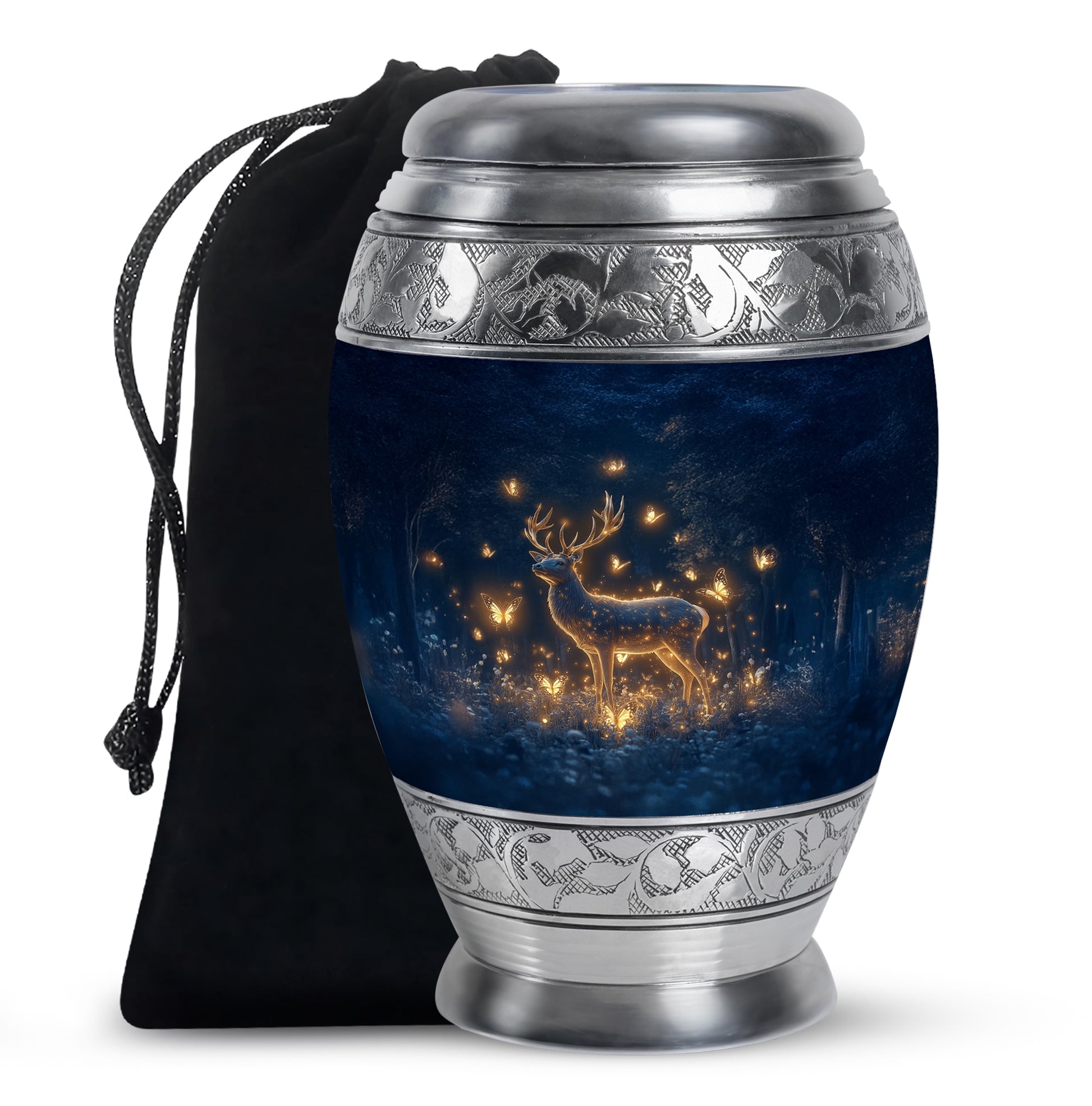 Soft Blue Deer Cremation Urn back view with polished surface - royal deer engraving with decorative scrollwork - full-size 10 inch 200 cubic inch adult cremation urn