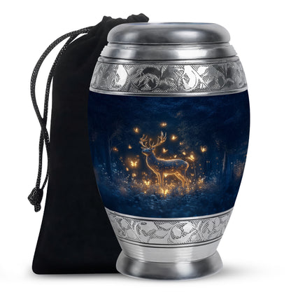 Soft Blue Deer Cremation Urn back view with polished surface - royal deer engraving with decorative scrollwork - full-size 10 inch 200 cubic inch adult cremation urn