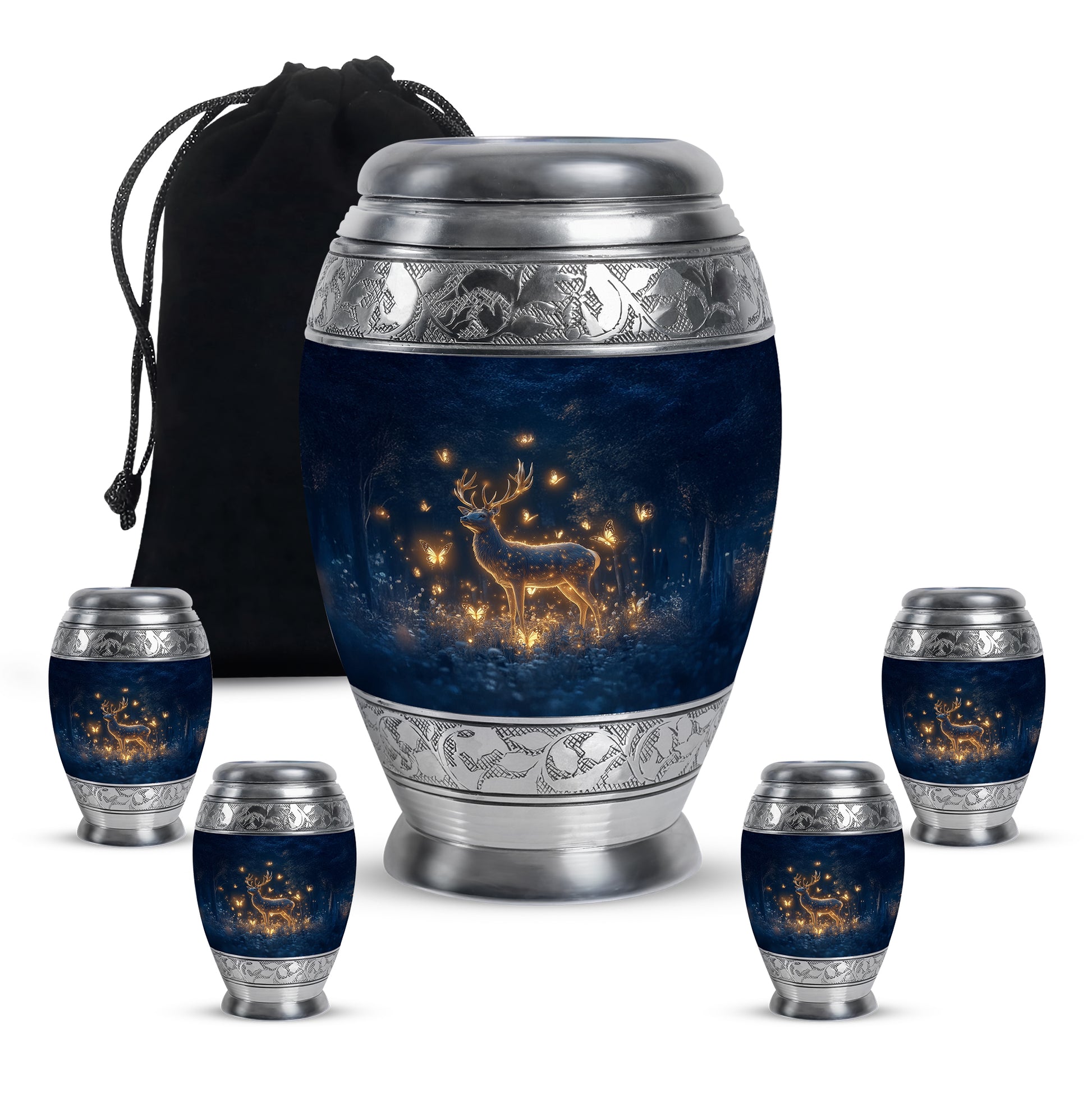 Vivid Blue Deer Cremation Urn detail view - majestic deer pattern with filigree border - memorial set with one large and four small urns