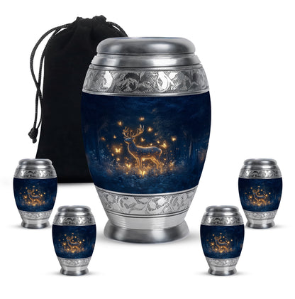 Vivid Blue Deer Cremation Urn detail view - majestic deer pattern with filigree border - memorial set with one large and four small urns