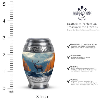 Navy Blue Deer Cremation Urn lifestyle display on memorial shelf - ornate monarch-style deer relief on brushed aluminum - mini keepsake memorial for portion of cremation ashes