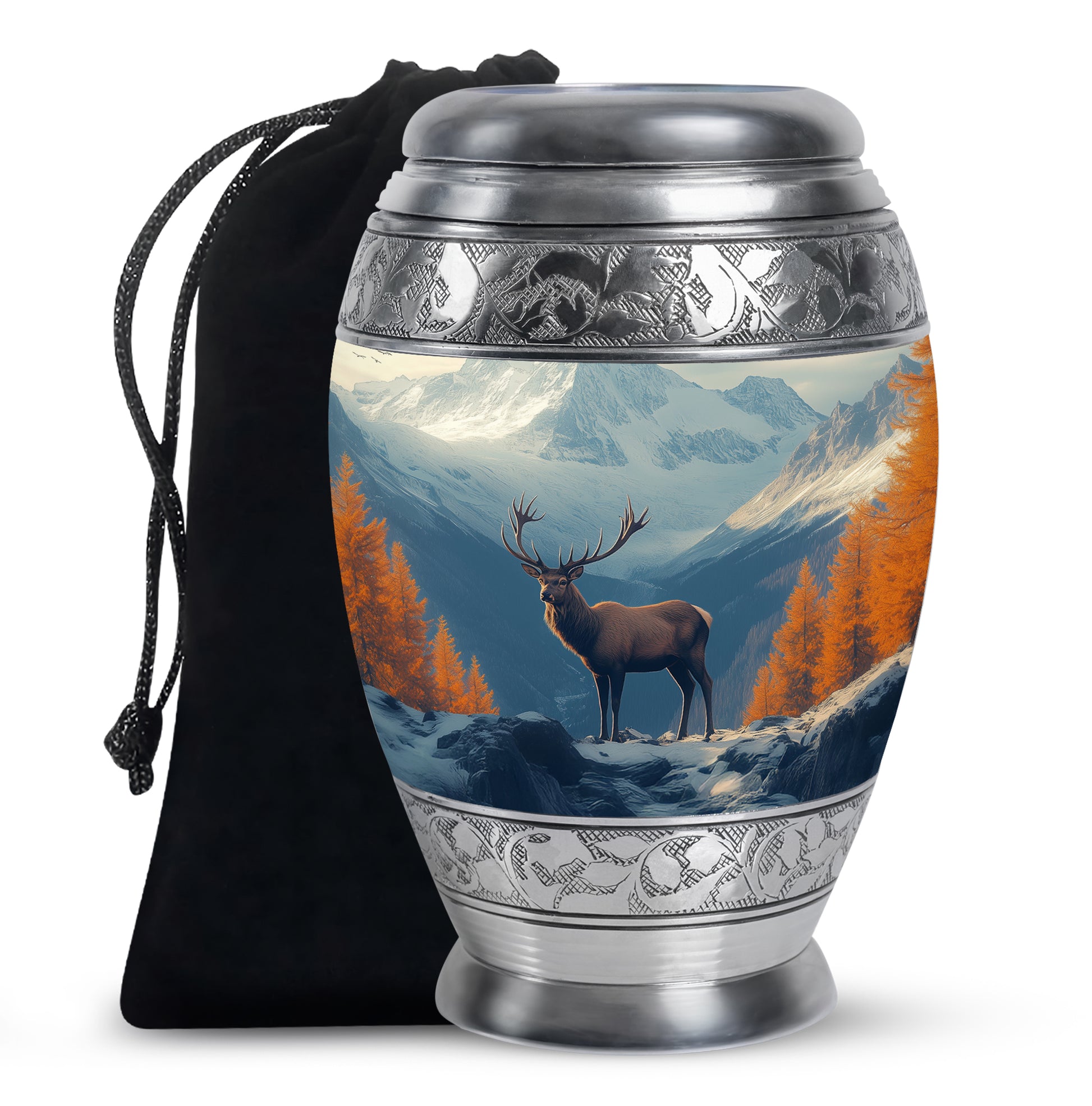 Sky Blue Deer Cremation Urn back view with polished surface - regal deer design with crown-inspired accents - full-size 10 inch 200 cubic inch adult cremation urn
