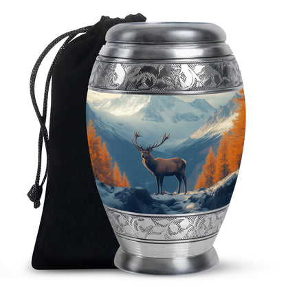Sky Blue Deer Cremation Urn back view with polished surface - regal deer design with crown-inspired accents - full-size 10 inch 200 cubic inch adult cremation urn