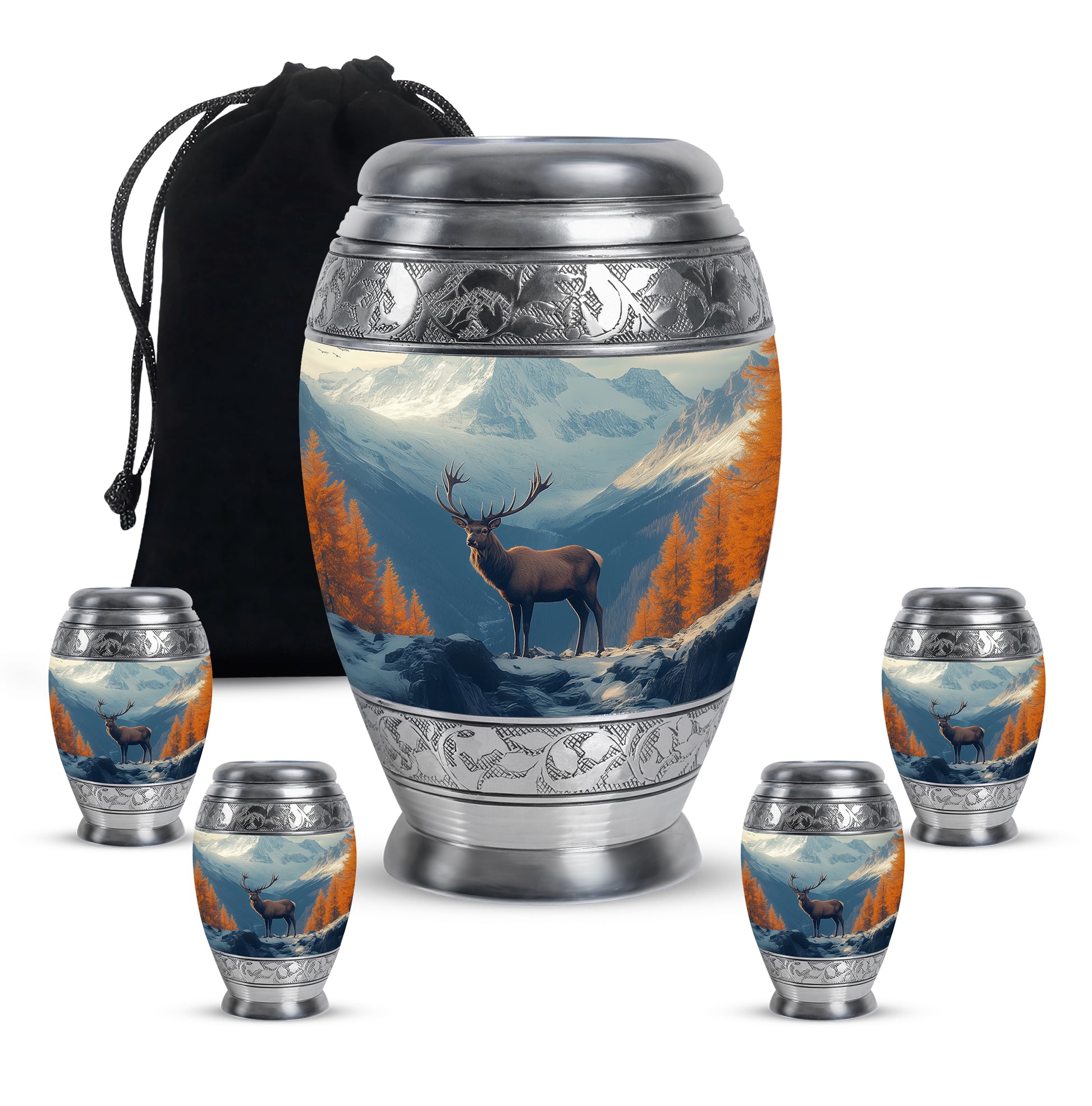 Bright Blue Deer Cremation Urn detail view - majestic deer pattern with filigree border - memorial set with one large and four small urns