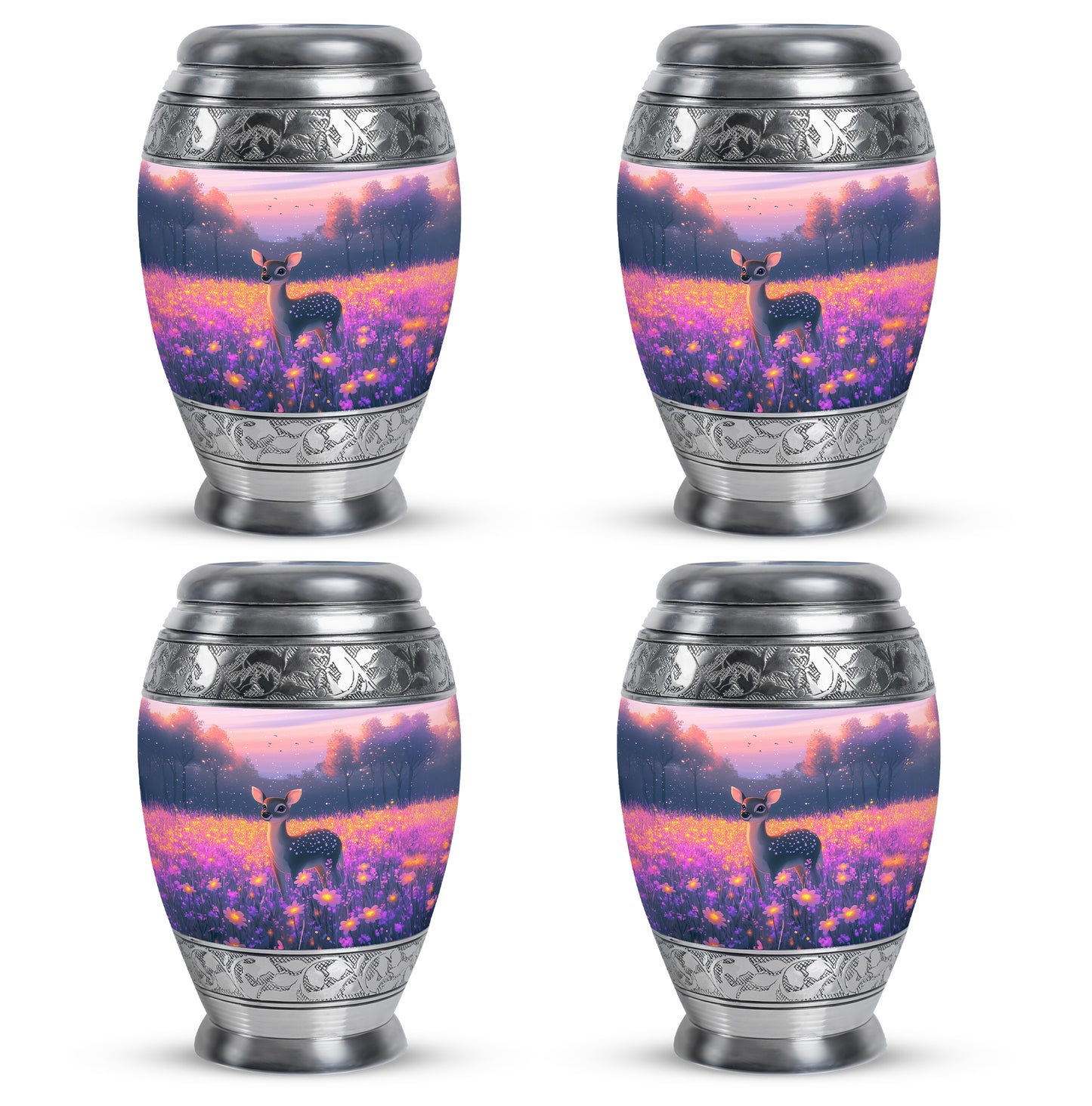 Soft Pink Deer Cremation Urn urn with complimentary velvet bag - majestic deer pattern with filigree border - 10 inch aluminum urn for cremated remains
